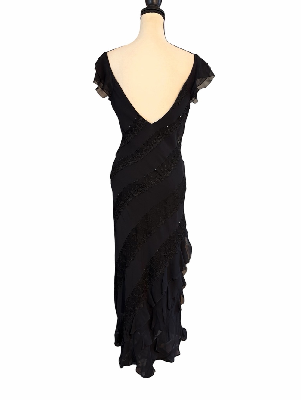Vintage Sue Wong Nocturne Beaded Silk Sheer Mesh & Lace Ruffle Hem Maxi Dress - Picture 9 of 12